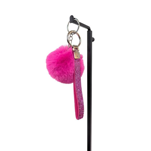 Purse fob charm keychain hot pink pompom rhinestone sparkly bling wrist strap - Picture 1 of 3